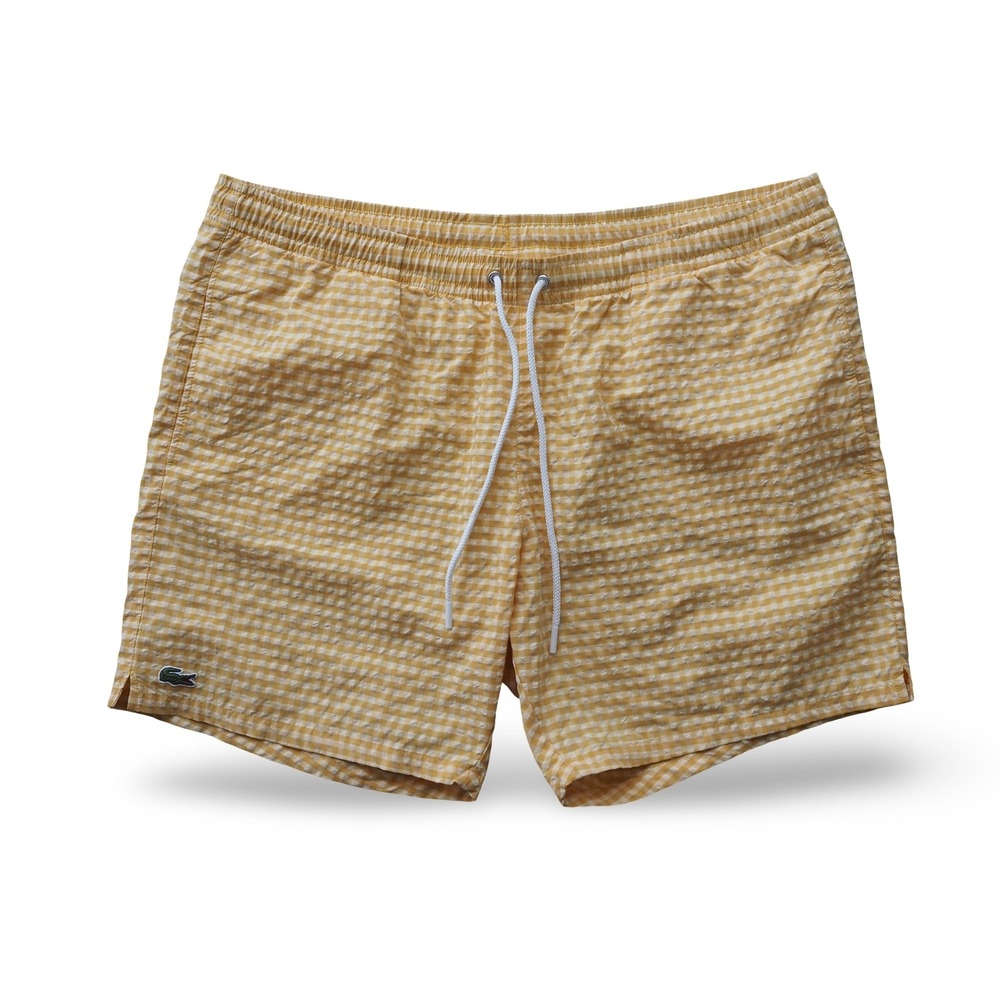 Lacoste Men's XL Yellow White Gingham Seersucker Swim Shorts Trunks MH4752